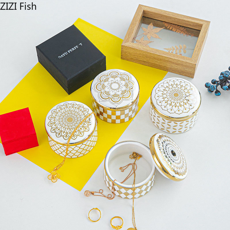 Gold Plated Pattern Storage Tank Tea Canister Minimalist Round Ceramic Storage Jar And Lids Candy Pots Porcelain Jewelry Box