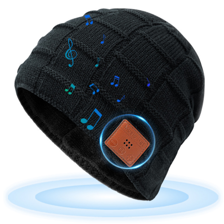 Hat Music Wholesale Wireless Headphone Knitted cap Custom women label Embroidery leather patch Logo Wool Beanie Hat