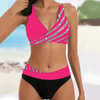 Women'S Youth Stylish Bikini Swimwear Shiny Striped Patchwork Color Contrast Tankini Swimsuit Holiday Vacation Travel Beach Wear