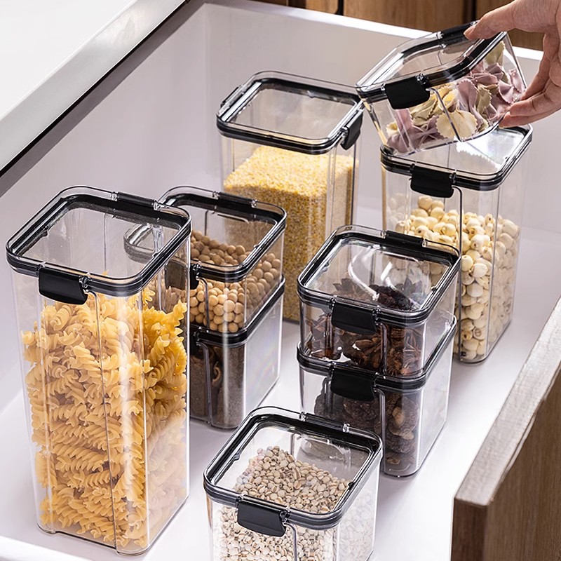 Kitchen Dispenser Airtight Plastic Stackable Candy Nut Fruit Cereal Grain Box Pantry Dry Bulk Food Storage Sealed Jar with Lids
