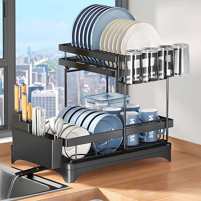Detachable Multifunction Kitchen Dish Rack Drainer 2 Tier Dish Drying Rack Cutlery Storage Holder