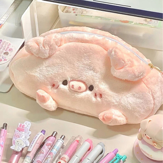 Kawaii Pink Girly Heart Piggy Plush Pen Bag Student Creative Large Capacity Pen Bag Cute Stationery Supplies Cosmetic Bag