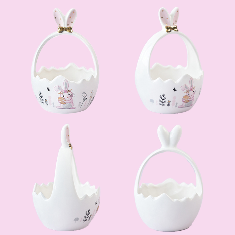 Easter Rabbit Ceramics Basket Cute Food Storage Container Kitchen Egg Candy Snacks Fruit Organizer Basket Household Decoration