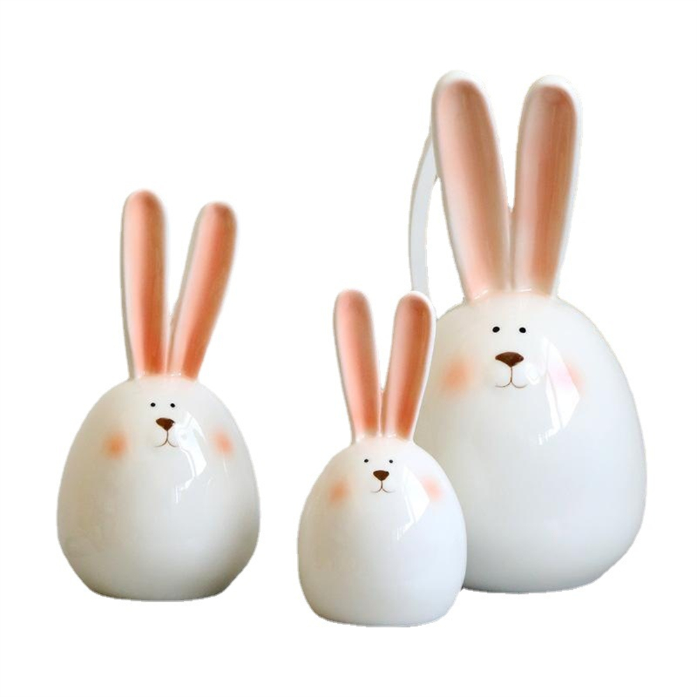 Cute Ceramics Long Ears Rabbit Head Home Decoration Accessories Living Room Ornament Round Bunny Crafts Easter Gifts For Friend