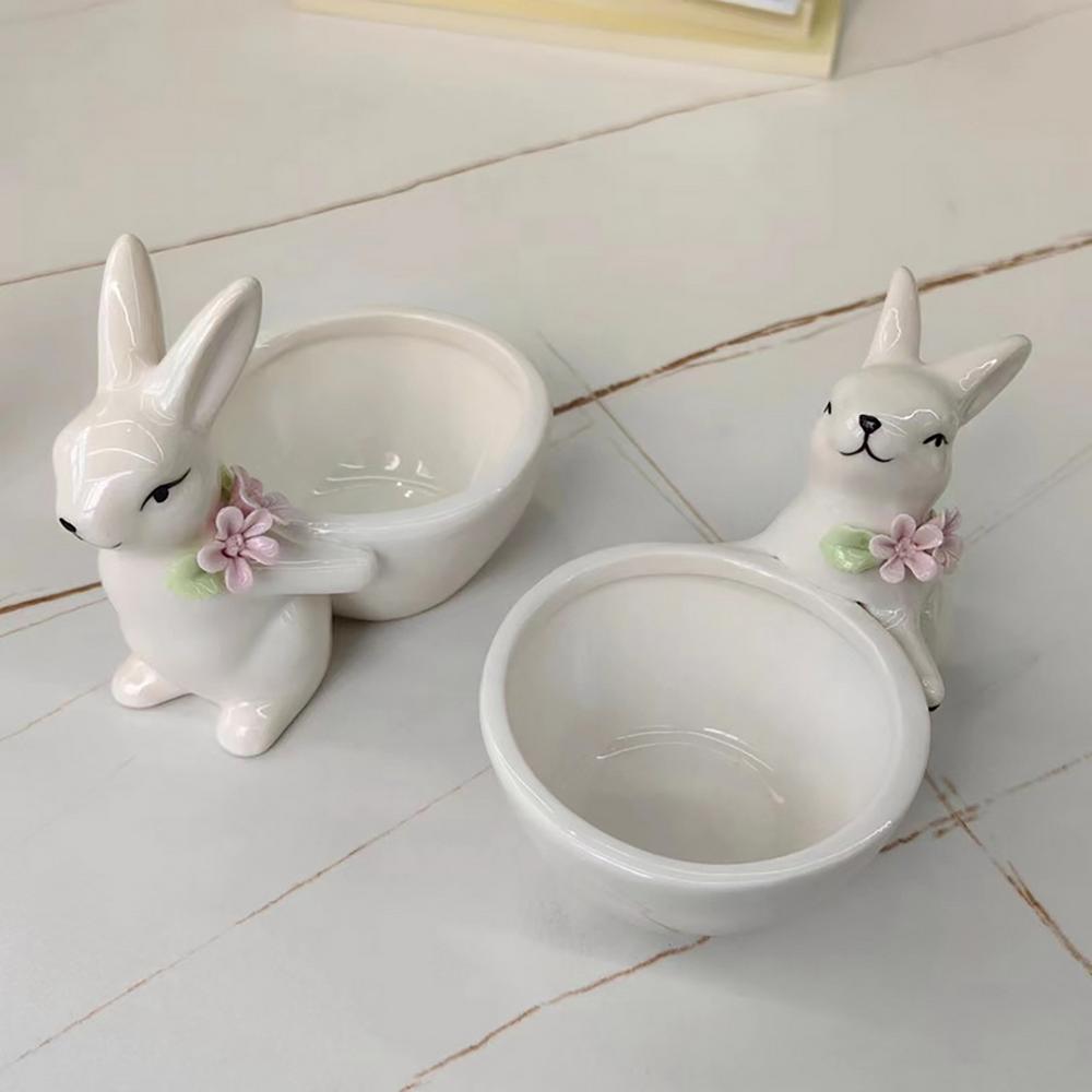Rabbit Figurines Cute Ceramic Decorative Bunny Snack Serving Bowl Jewelry Holder Tray For Easter Desktop Office Gift Home Decor