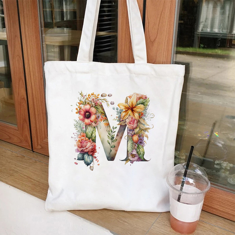 Casual Large Capacity Women's Handbags 26 Alphabet A-Z Shoulder Bags Shopper Canvas Letter Fashion Flower Trend White Tote Bags