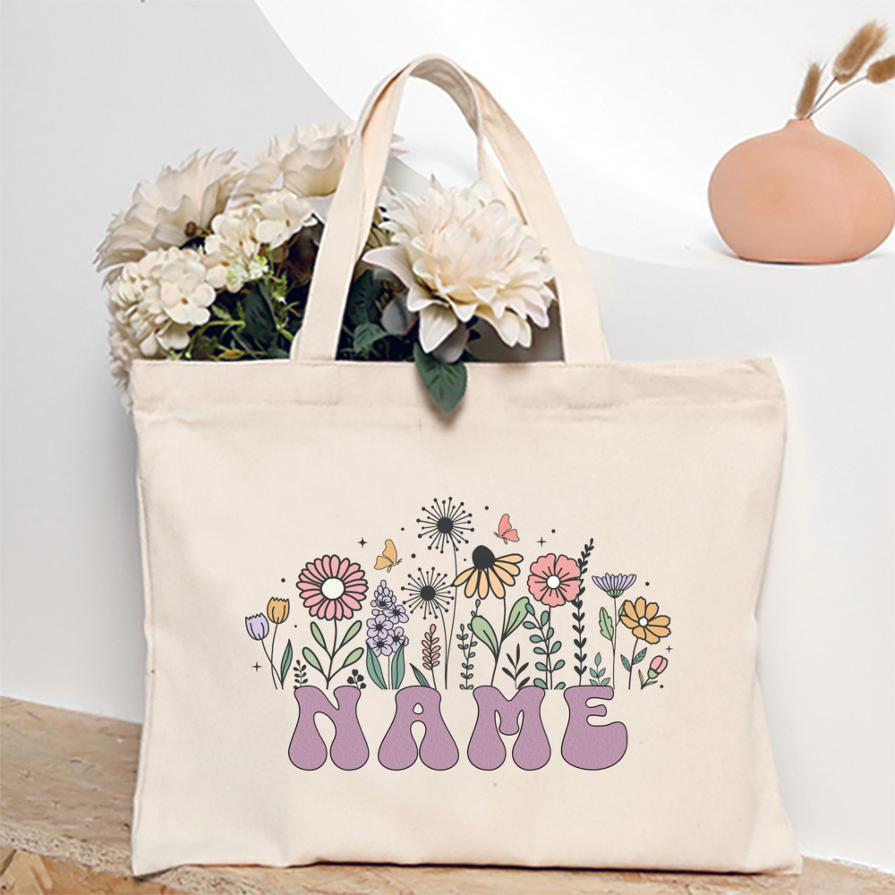 Personalized Flower with Name Tote Bag Women Canvas Shoulder Bags Monogram Shopping Bag Handbags Birthday Wedding Gifts For Her