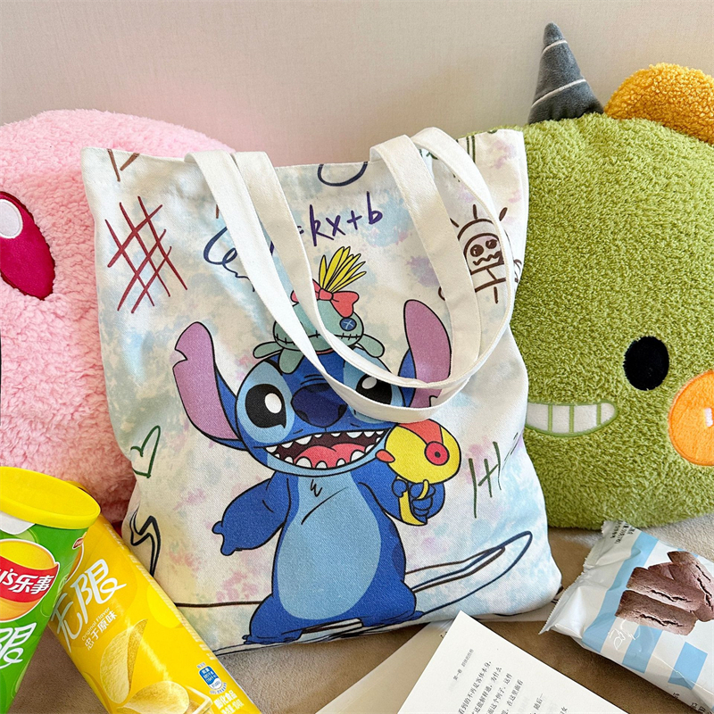 New Cartoon Canvas Shoulder Bags Cute Anime Stitch Angel Large Capacity Shopping Tote School Bags Gifts Girls