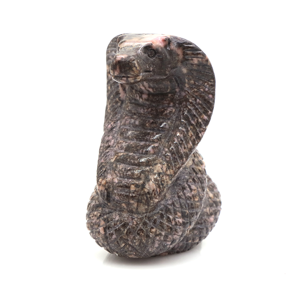 Cobra Snake Statue Natural Pink Black Rhodonite Reiki Crystal Stone Craft Animal Desk Decorations Tea Pets Ornaments, Gift, 2.9"