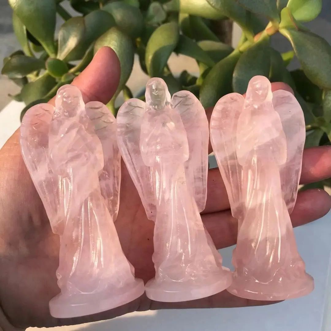 90mm Natural Pink Crystal Angel Statue Stone Carving Pink Crystal Reiki Healing Figurine Home Decoration Trinket Craft Gift 1pcs