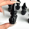 1PC Black Obsidian Crystal Carved Cat Figurine with Witch Hat, Natural Rock Crystal Handcrafted Cat Statue, Decorative Gemstone