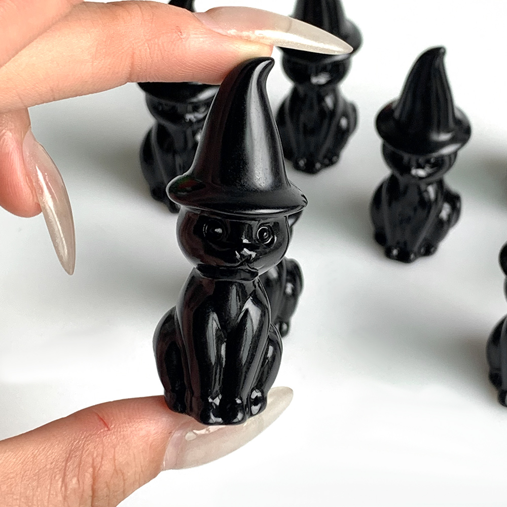 1PC Black Obsidian Crystal Carved Cat Figurine with Witch Hat, Natural Rock Crystal Handcrafted Cat Statue, Decorative Gemstone