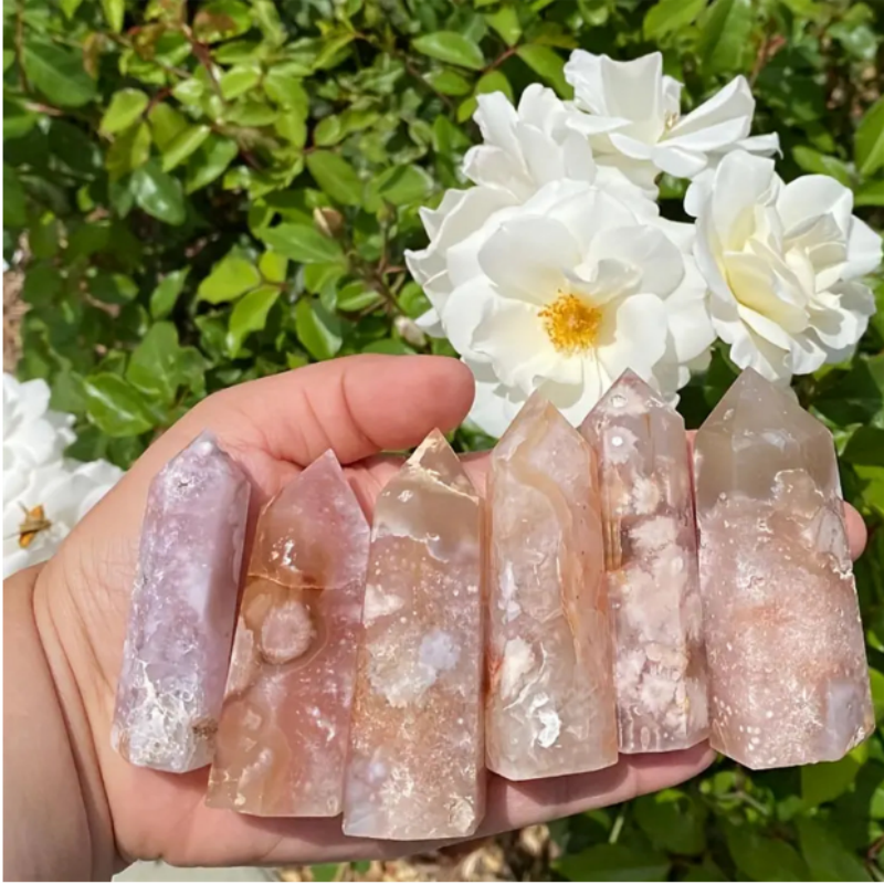 1PC Natural Rose Crystal Quartz Tower Sakura Agate Crystal Point Energy Cherry Agate Pink Gem Reiki Gift Home Decorate