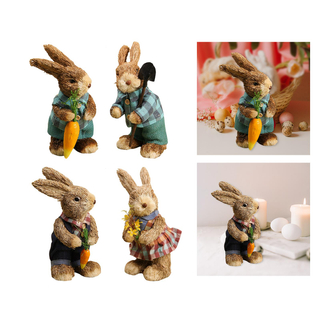 Simulation Straw Bunny Art Decor Figurines Sculptures Statues Crafts for Garden Festival Holiday Home Decorations