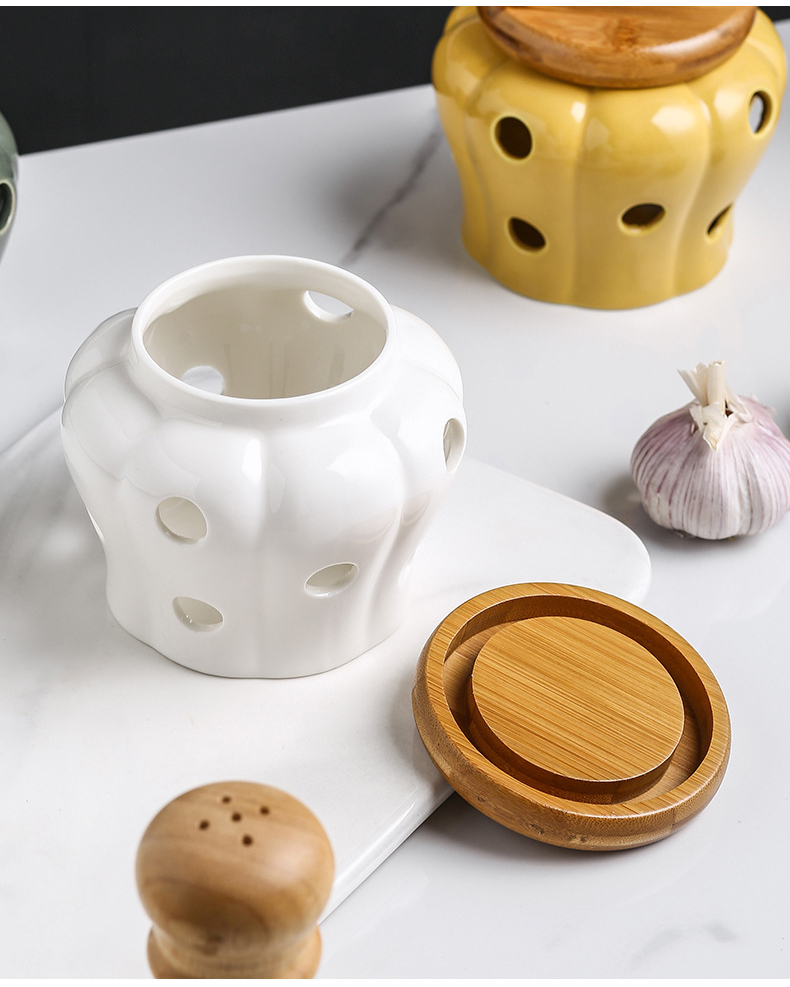 Ceramic Garlic Ginger Jars Wooden Lid Refined Storage Tank Candles Jars Home Kitchen Solid Color Organizer Box Storage Container