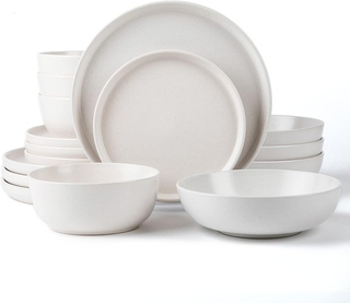 Round Stoneware 16pc Double Bowl Dinnerware Set for 4, Dinner and Side Plates, Cereal and Pasta Bowls - Matte White