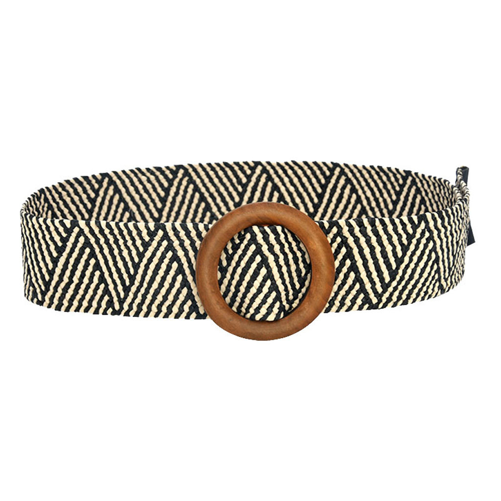 Vintage Waist Belt Round Wooden Smooth Buckle Fake Straw Wide Belt