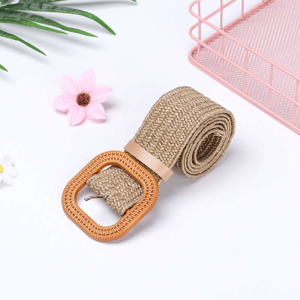 1Pc PP Straw Wide Wooden Buckle Straw Belt Casual Elastic Waist Chain Jade Clasp Belly Necklace Fashion Body Jewelry Accessories