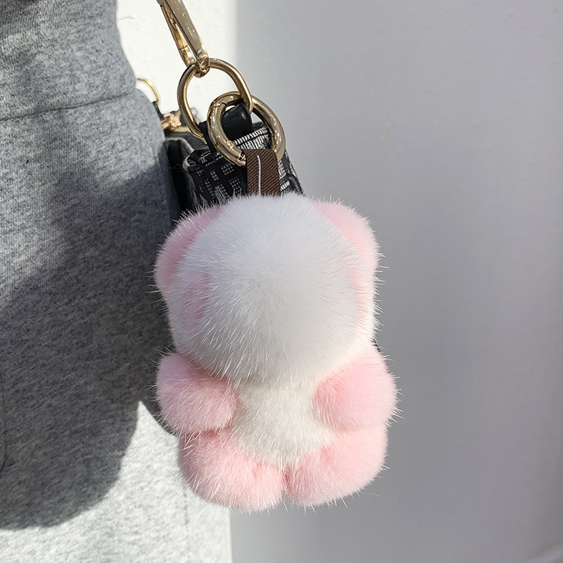 Women Bag Charm Trinkets Car Metal Key Rings Rear View Mirror Ornaments Cute Real Mink Fur Keychain Plush Panda Pendant Kids Toy