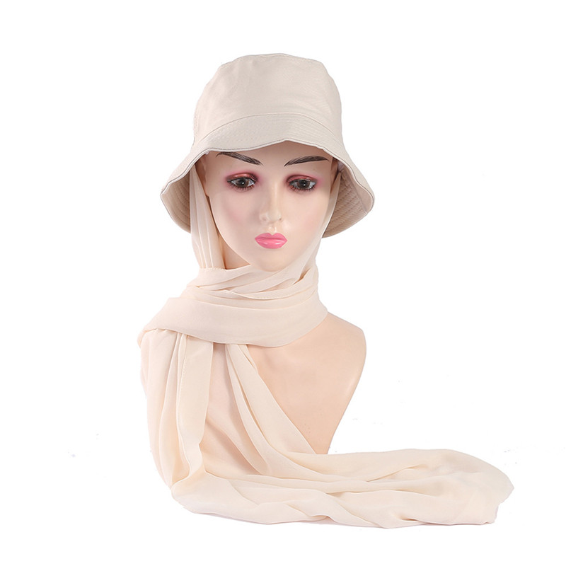 New Muslim Women Bucket Hat With Chiffon Hijabs Summer Sports Cap With Hijab Ready To Wear Instant Hijab Islam Headscarf