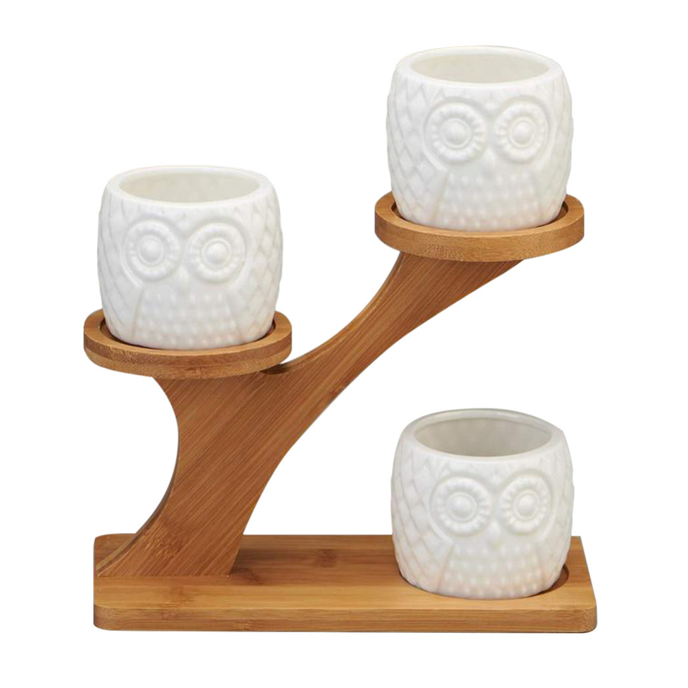 Garden Pots 3 Tier Wooden Stand Holder Home Office With Drainage Indoor Decoration White Ceramic Vase Bamboo Saucers