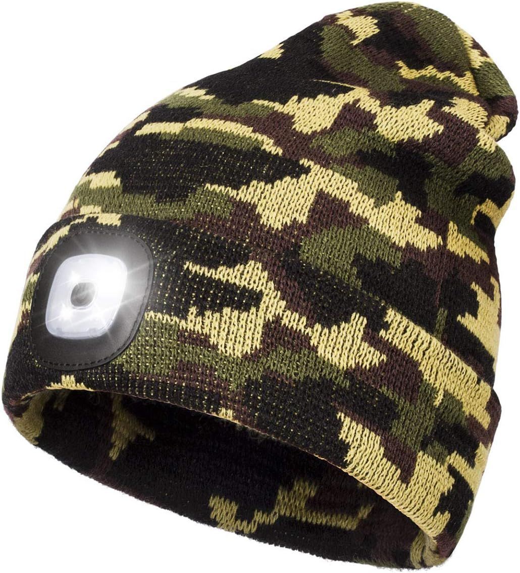 LED Beanie Hat with Light USB Rechargeable 4 LED Headlamp Cap Knitted Night Lighted Winter Hat Flashlight for Running Climbing