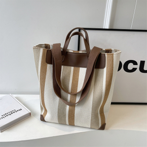 Striped Shoulder Bucket Bags For Women Canvas Fabric Large Capacity Shopping Totes Contrast Color Commute Shopper Handbags 2024