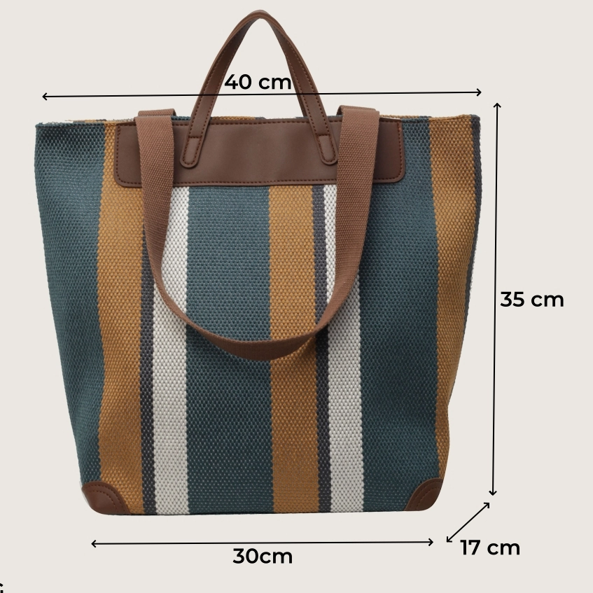 Striped Shoulder Bucket Bags For Women Canvas Fabric Large Capacity Shopping Totes Contrast Color Commute Shopper Handbags 2024
