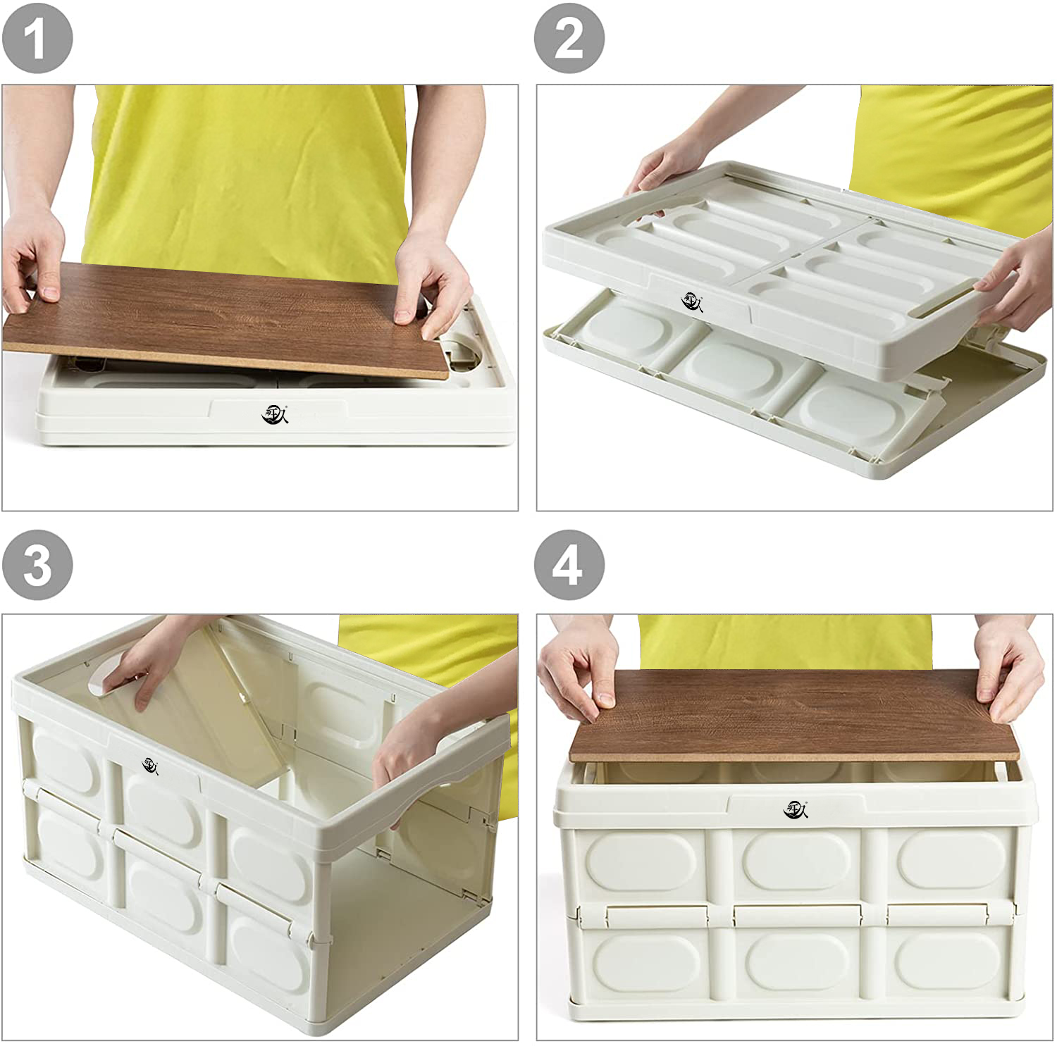 Camping Outdoor Home Car Folding Carry Plastic Storage Box Collapsible Storage Bin Boxes With Wood Lids