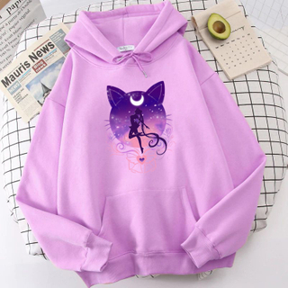 Vintage Anime Plus Size Hoodie Women Sweatshirts Printed Cat Moon Long Sleeve Hooded Kawaii Cartoon Female Streetwear Tops