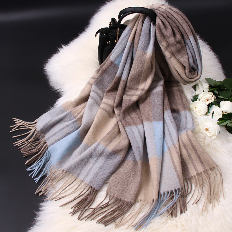  Women's Wool Scarves for Winter&Autumn New Fashion Pure Real Wool Wraps And Shawls for Ladies Plaid Classic Designed Scarf