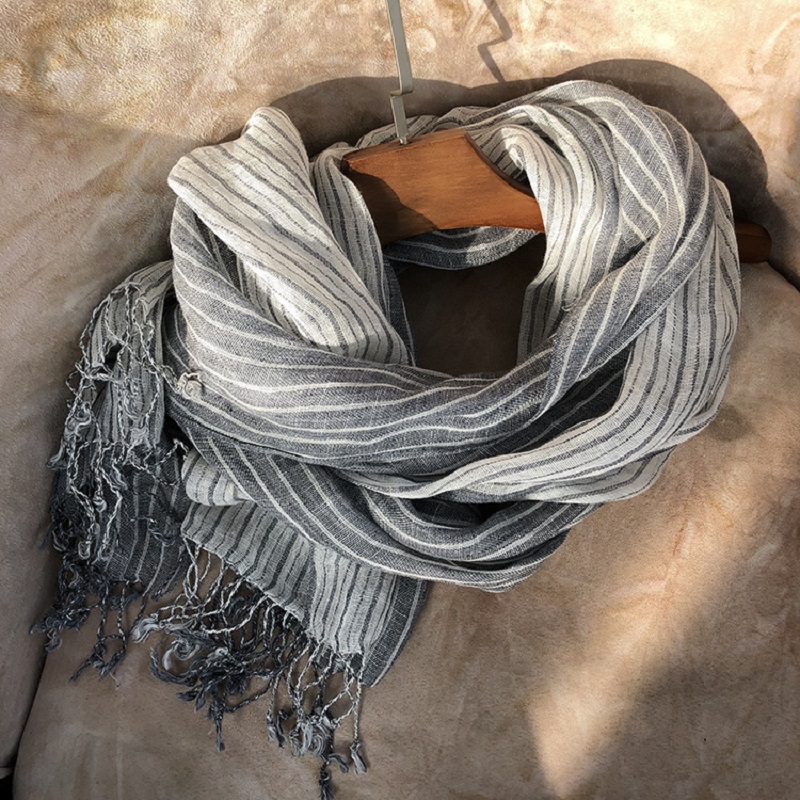 Spring And Summer Black And White Striped Linen Long Unisex Scarf