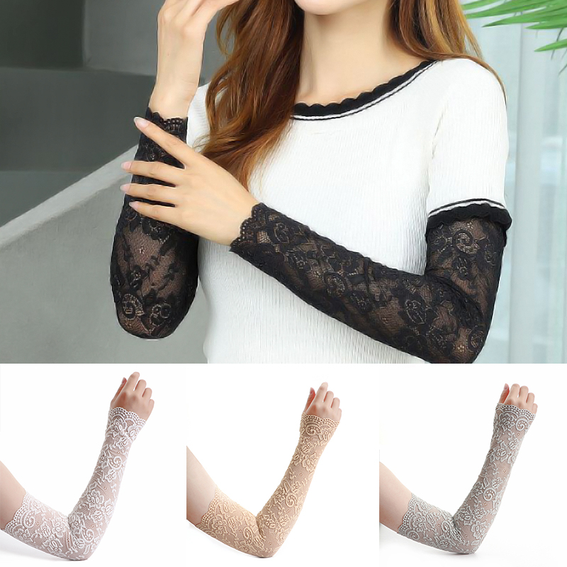 Summer Sunscreen Lace Arm Sleeve for Women Sexy Long Lace Gloves Ladies Fingerless Gloves Elastic Sleeve Mittens Driving Gloves
