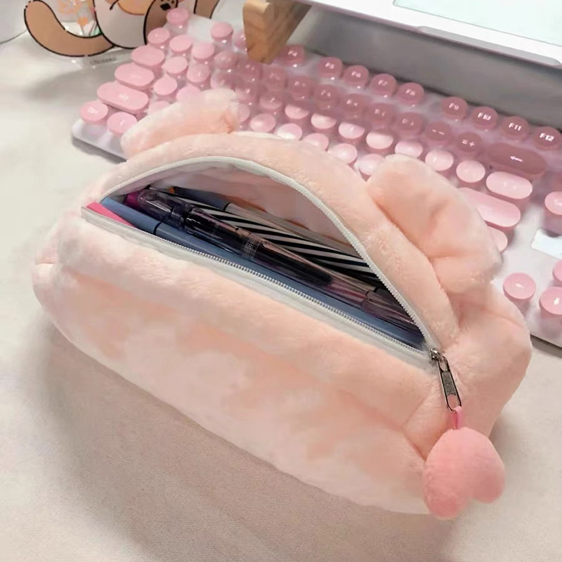 Kawaii Pink Girly Heart Piggy Plush Pen Bag Student Creative Large Capacity Pen Bag Cute Stationery Supplies Cosmetic Bag