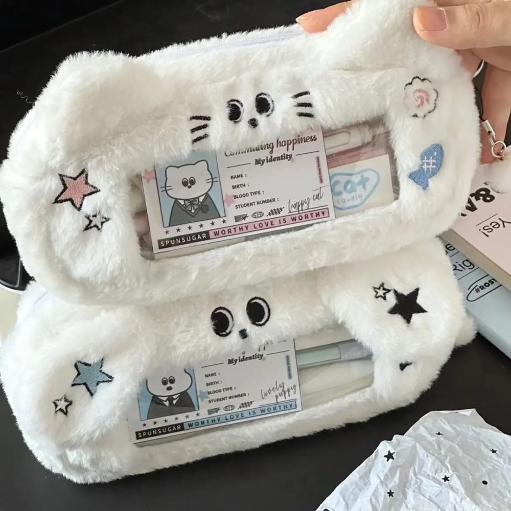 Plush Pencil Case Soft Multi-functional Viewable Window Stationery Storage Pouch Large Capacity Pen Bag Student Gift