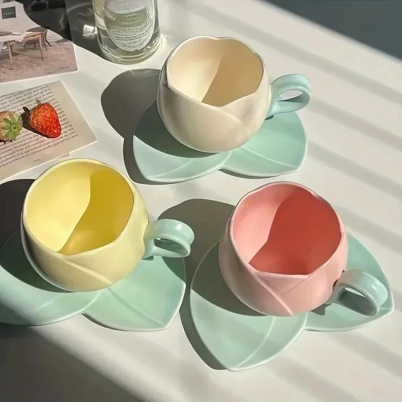 1 Set Tulip Cup Saucer Flower Shaped Ceramic Coffee Mug Unique Flower Cup Afternoon Teacup Girl Breakfast Milk Oatmeal Drinkware