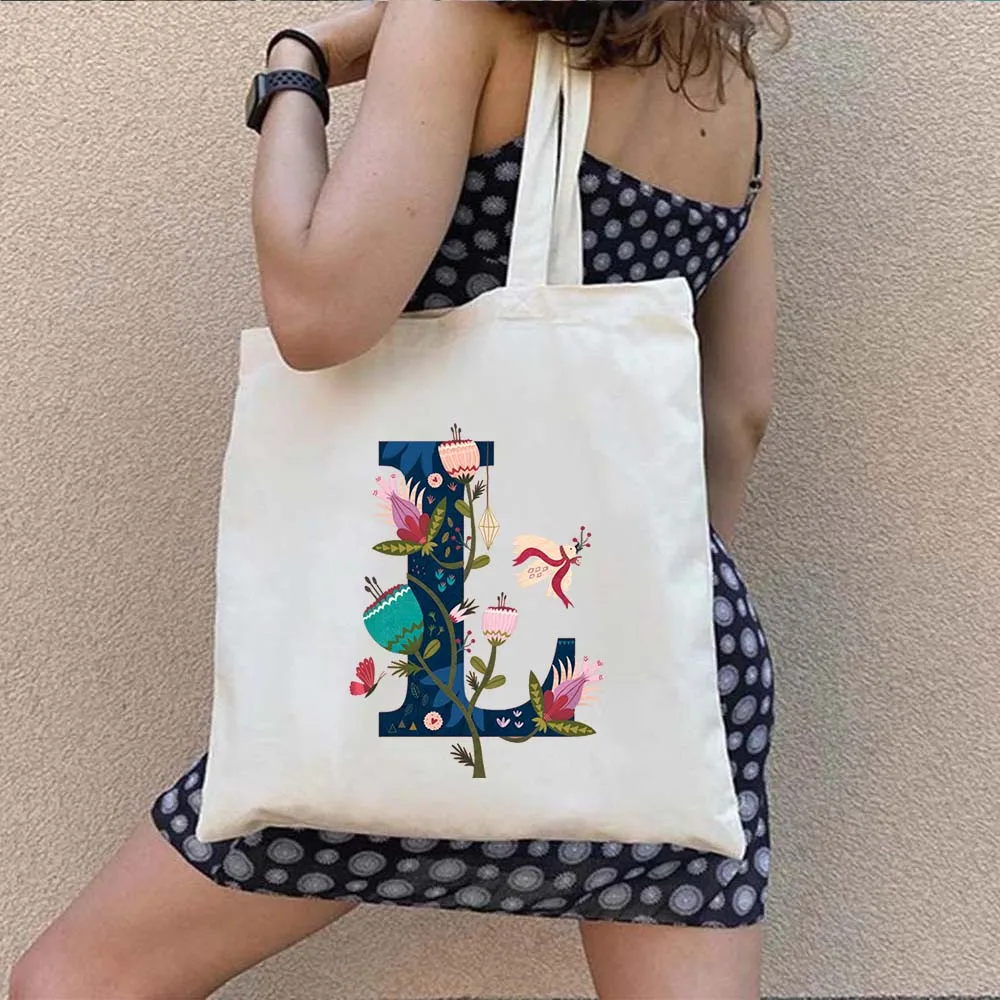 A Z Watercolor Flower Letter Print Harajuku Shopping Canvas Tote Bag Women's Designer Shopper Handbag Canvas Bag