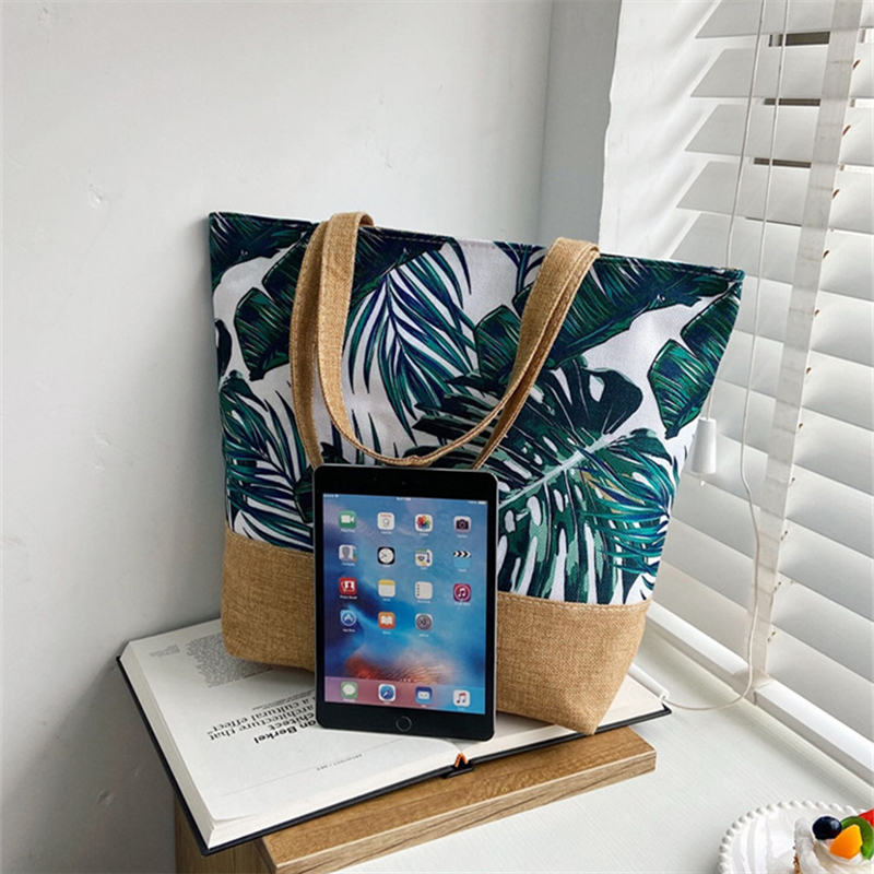 Women's Messenger Bag Leaves Printed Canvas Handbags Large Capacity Totes Fashion Ladies Portable Zipper Beach Shoulder Bag