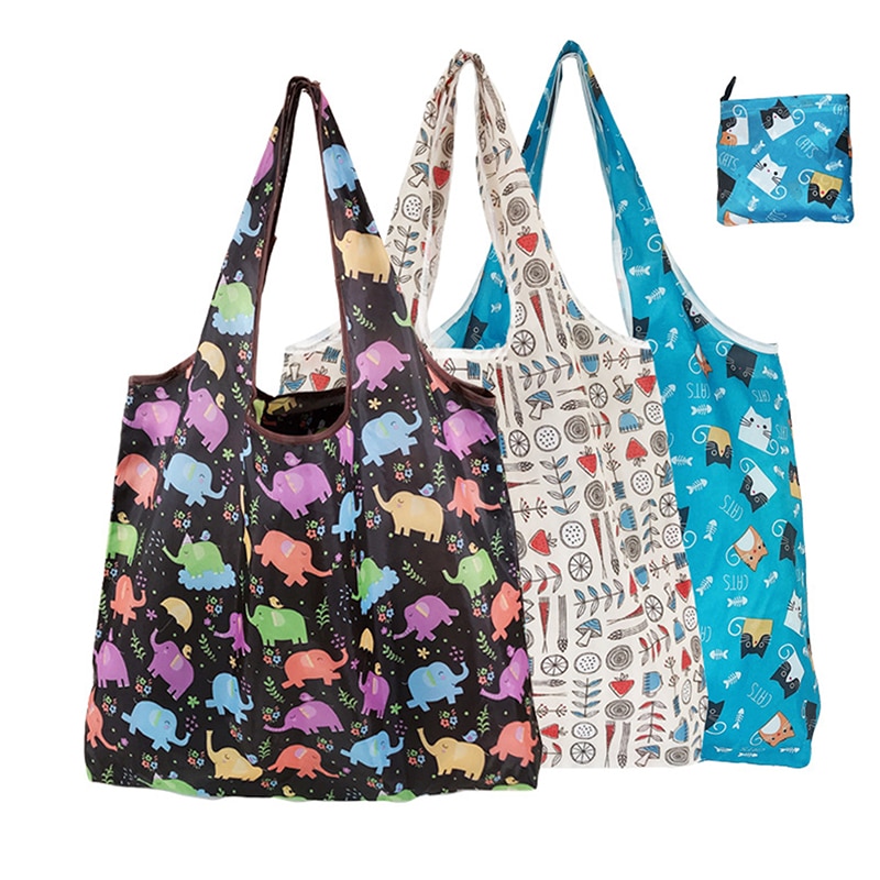 Foldable Shopping Bag Reusable Travel Grocery Bag Eco-Friendly Cute Animal Cat Cactus Lemon Printing Supermarket Tote Bag