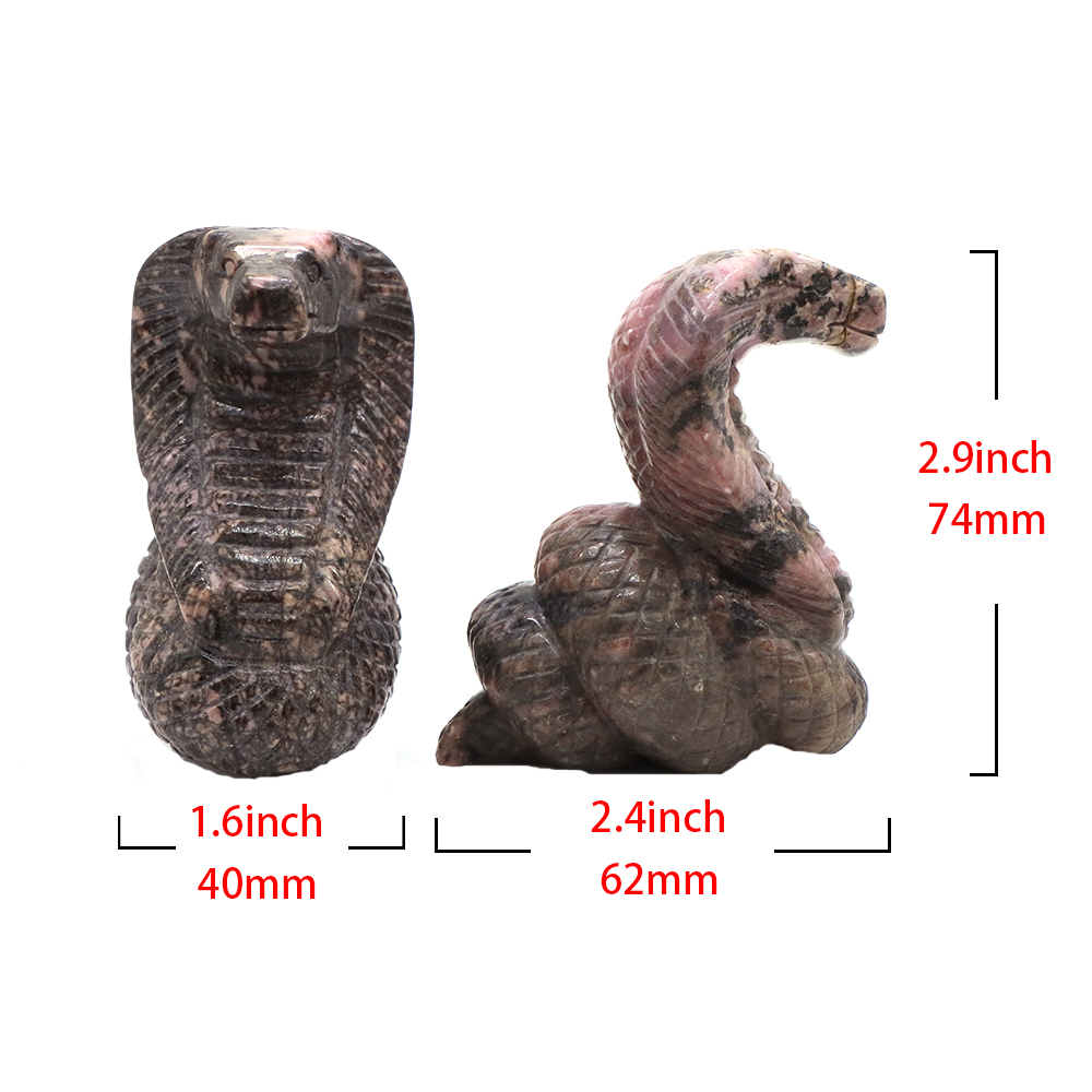 Cobra Snake Statue Natural Pink Black Rhodonite Reiki Crystal Stone Craft Animal Desk Decorations Tea Pets Ornaments, Gift, 2.9"