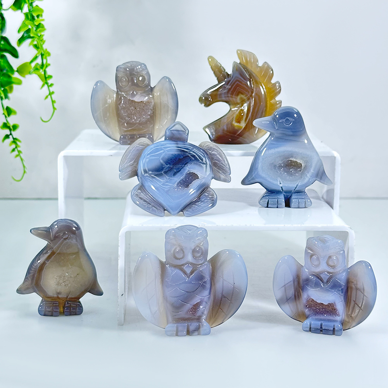 1PC Natural Agate Unicorn,Owl,Turtle,Penguin Natural Crystal，Mineral Collectible Specimen，Small Ornament Decor Art Carving