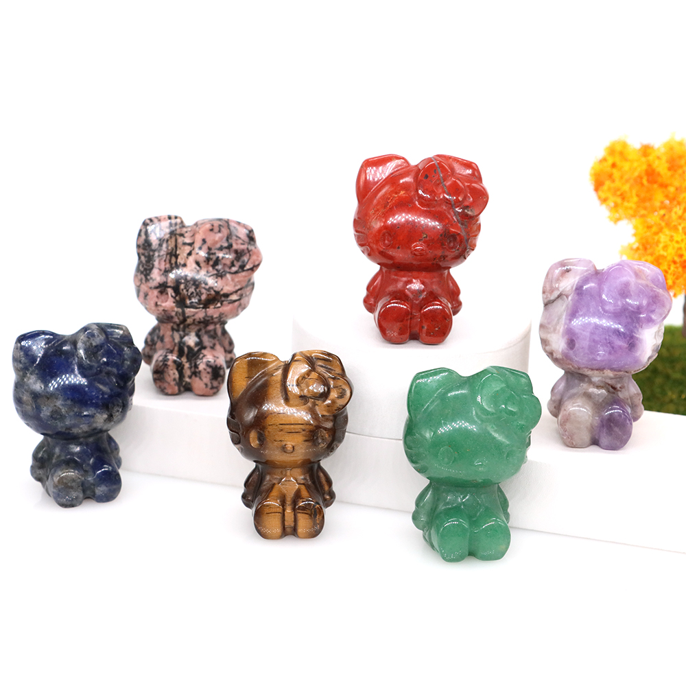 1.4" Cute Cartoon KT Cat Statue Natural Healing Crystal Stone Carved Movie Fantasy Crafts Home Decor Christmas Children Gifts