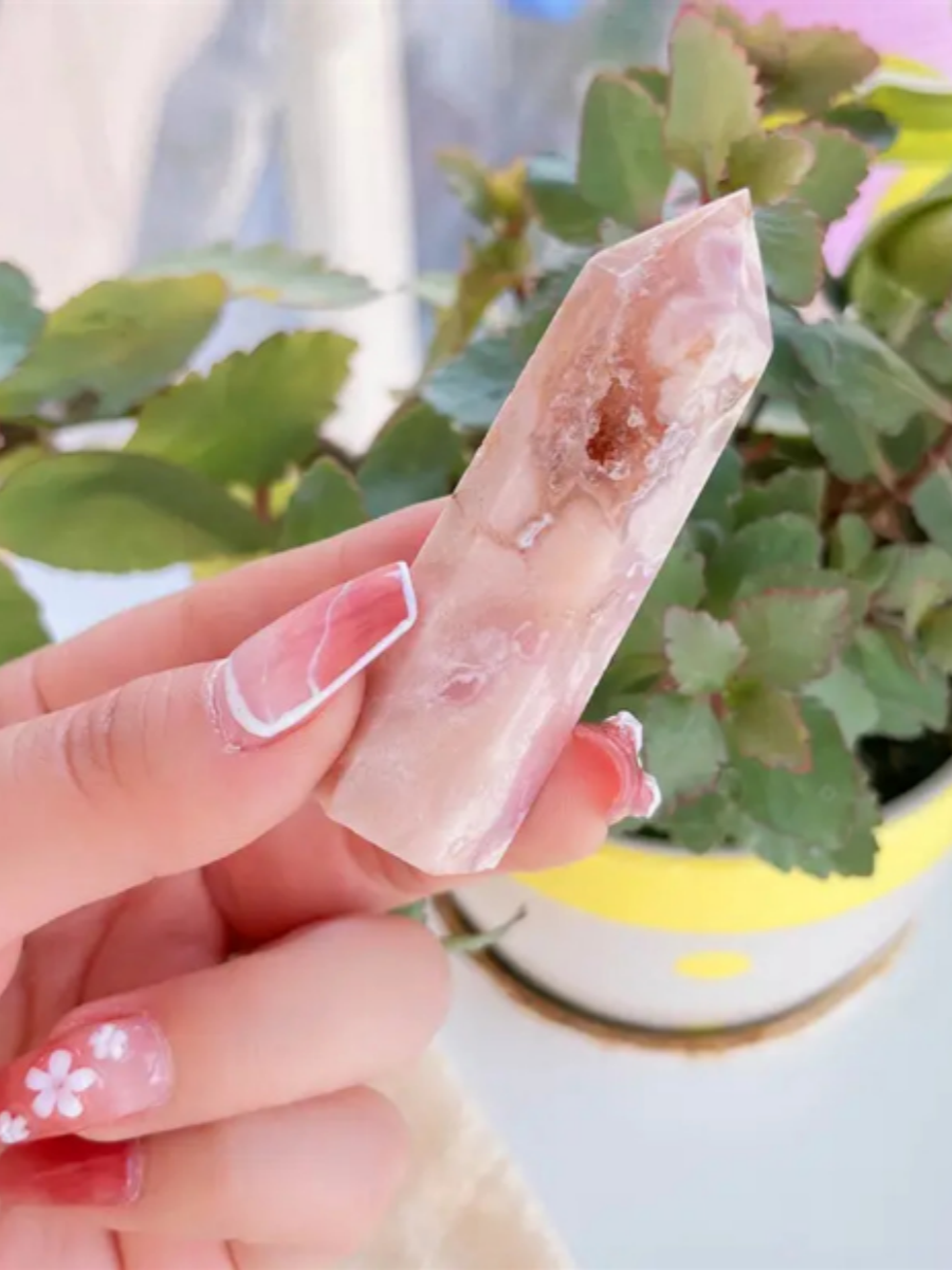 1PC Natural Rose Crystal Quartz Tower Sakura Agate Crystal Point Energy Cherry Agate Pink Gem Reiki Gift Home Decorate