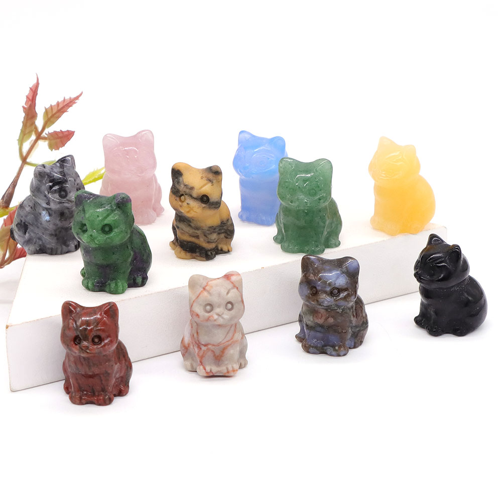 1.2" Cute Cat Statue Natural Stone Crystal Hand Carved Healing Animal Figurine Reiki Gemstone Craft Home Decoration Holiday Gift
