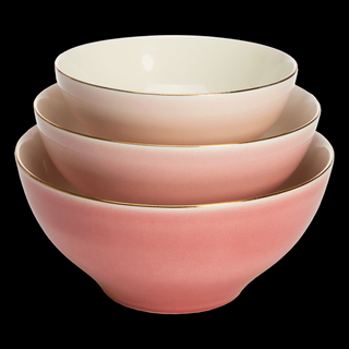 3-Piece Ceramic Bowl Set, Nesting Mixing Bowls, Dishwasher Safe, Pink and Gold