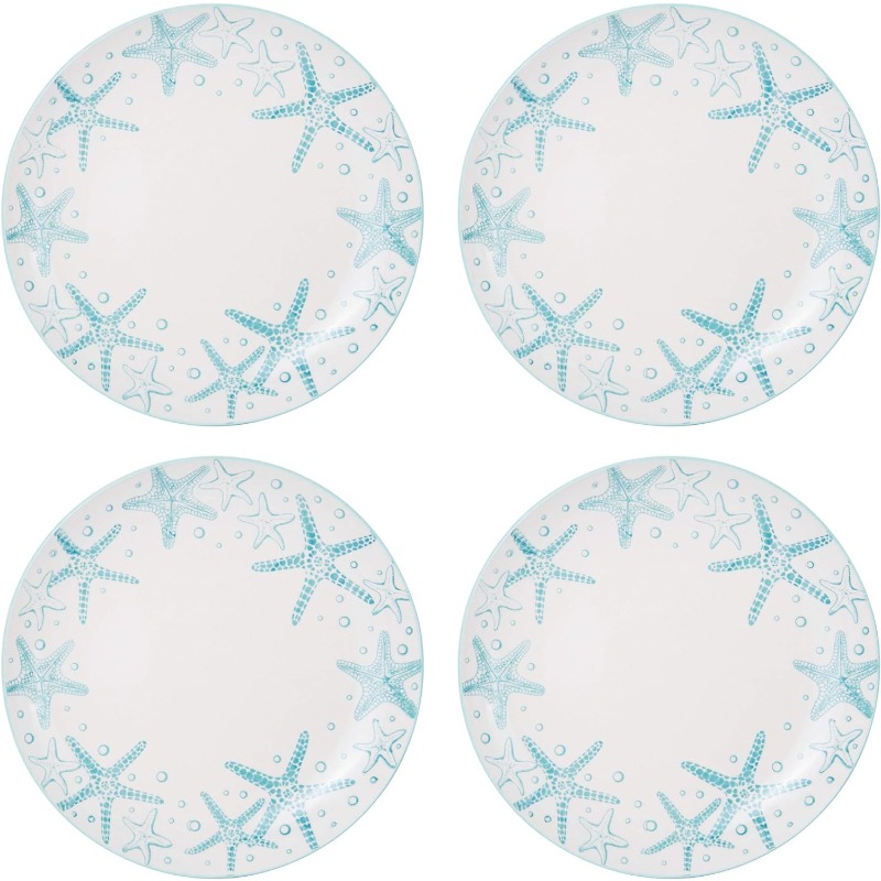 16-Piece Stoneware Dinnerware Set, Service for 4, Aqua/White