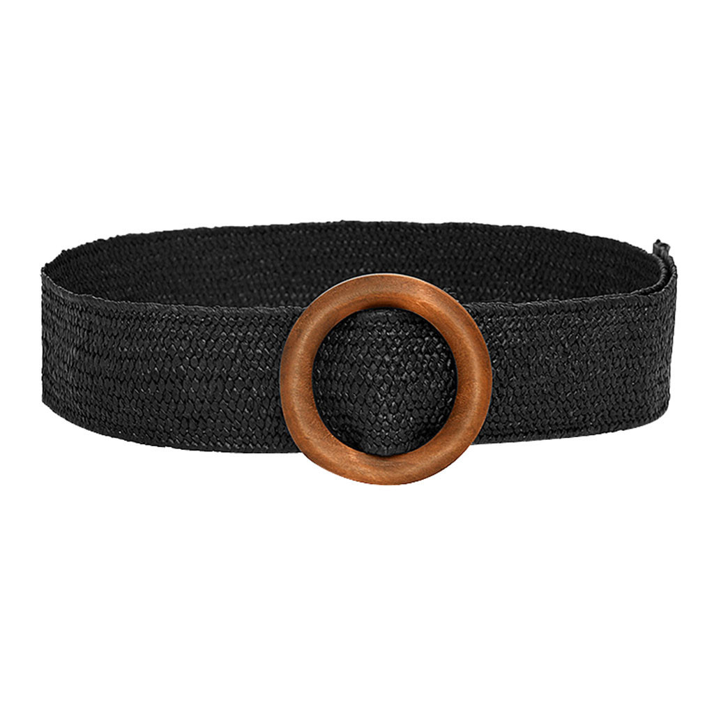 Vintage Waist Belt Round Wooden Smooth Buckle Fake Straw Wide Belt
