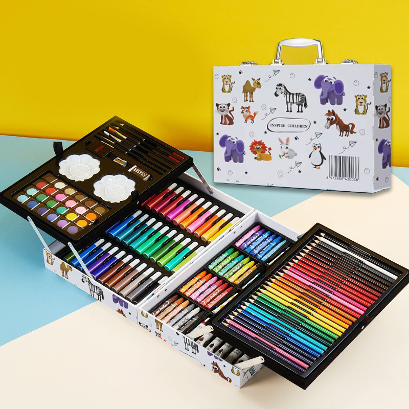 Art Supplies Set 145 Children's Painting Watercolor Pen Color Pencil Double Wooden Box Art Set Wholesale