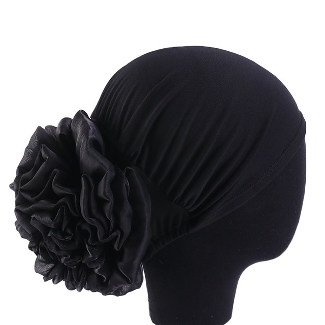 Women's Hijabs Big Flower Turban Hair Accessories Elastic Cloth Hair Bands Hat Beanie Ladies Muslim Solid Hair Loss Scarf Cap