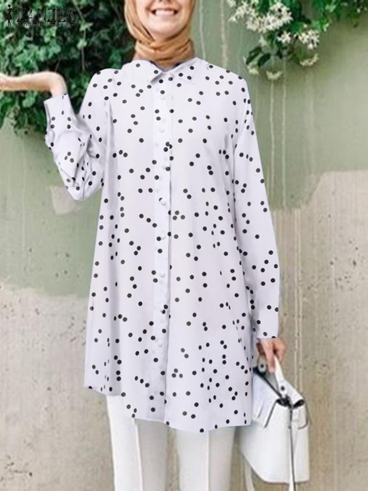 Autumn Polka Dots Printed Muslim Blouse Woman Fashion Eid Mubarek Tops Vintage Holiday Chemise Women Casual Turkey Shirt